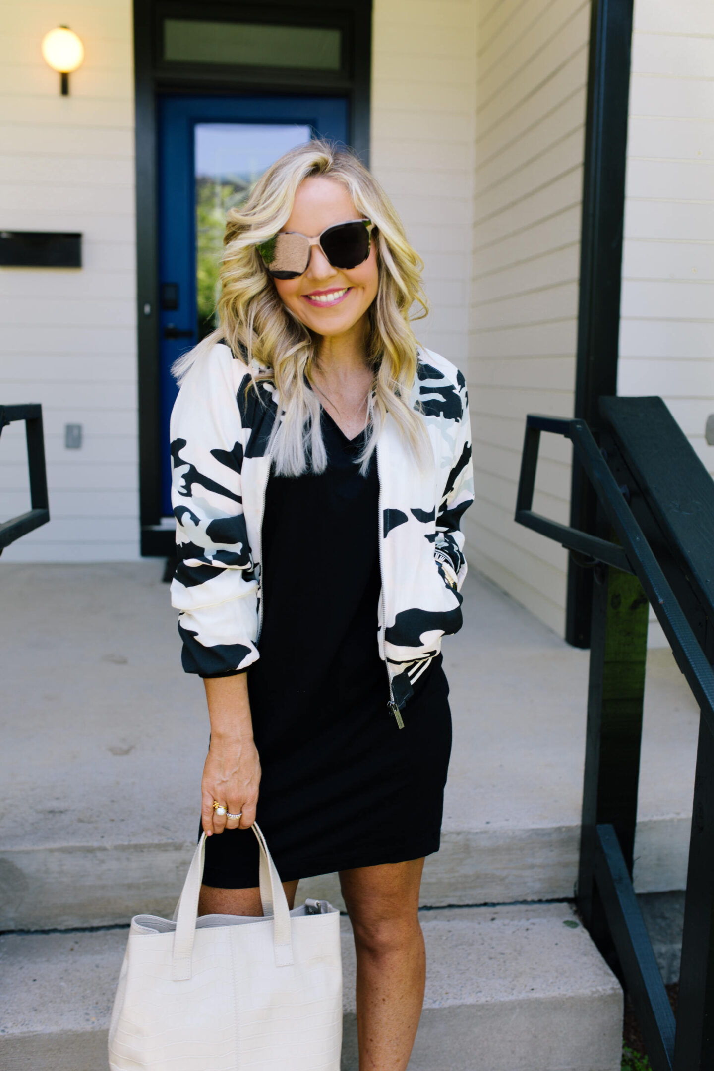 4th of July Deals by popular Nashville life and style blog, Hello Happiness: image of Natasha Stoneking wearing a Evereve Havana bomber jacket. 