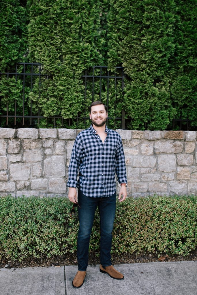 Date Night Outfit Ideas Done Right | Bonobos Style by popular Nashville fashion blog, Hello Happiness: image of a man wearing a Bonobos button down shirt, Bonobos Stretch Eco Jeans and Bonobos The Alpern Chelsea Boot.