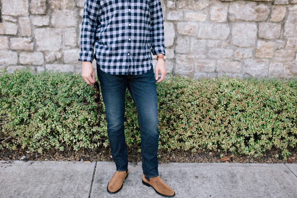 Date Night Outfit Ideas Done Right | Bonobos Style by popular Nashville fashion blog, Hello Happiness: image of a man wearing a Bonobos button down shirt, Bonobos Stretch Eco Jeans and Bonobos The Alpern Chelsea Boot.