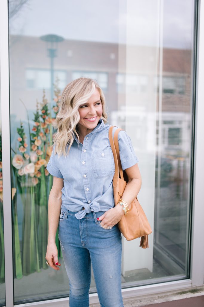 ABLE featured by top US fashion blog Hello! Happiness; Image of a woman wearing a button-up shirt, skinny jeans, earrings and purse from ABLE