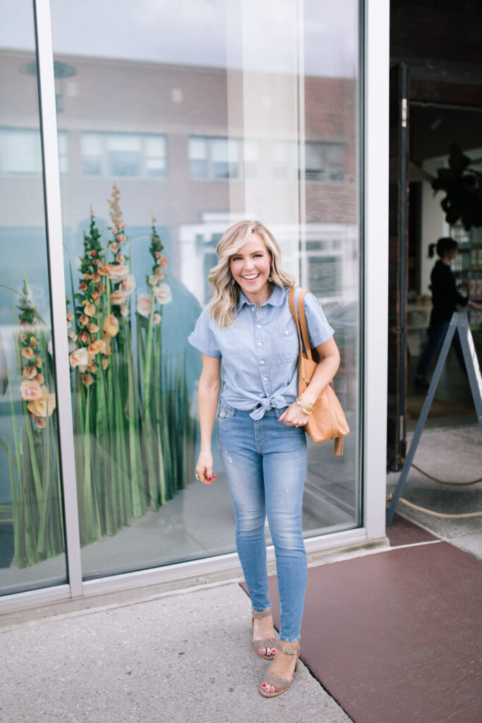 Independence Day Deals by popular Nashville life and style blog, Hello Happiness: image of Natasha Stoneking wearing a Able Pilar Popover, Cindy High Rise Jeans, Leopard Sandals.
