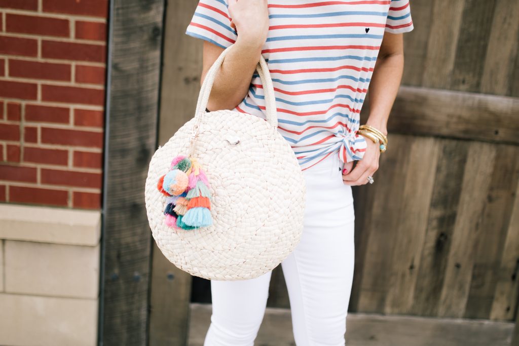Happy Valentine's Day featured by top US life and style blog Hello! Happiness; Image of a woman wearing an Evereve striped shirt, Evereve white skinny jeans and Steve Madden sandals.
