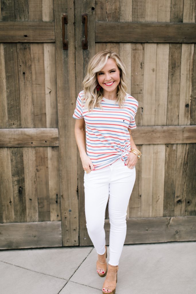 Happy Valentine's Day featured by top US life and style blog Hello! Happiness; Image of a woman wearing an Evereve striped shirt, Evereve white skinny jeans and Steve Madden sandals.