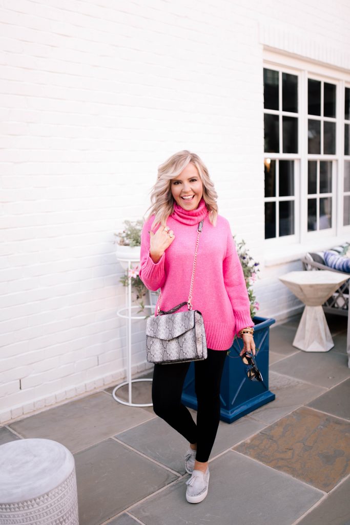 Scoop it Up... The Best in Walmart Sweaters! by popular Nashville fashion blog, Hello Happiness: image of a woman outside wearing a Walmart Scoop Slouchy Turtleneck Sweater, Walmart Spanx Women's Seamless Side Zip Leggings, Walmart Metallic Sky Top Handle Chain Crossbody, Walmart J Slides Aztec Bronze Metallic Leather Loafer Tassel Sneaker, and Walmart Quay Australia "It's My Way" Cat Eye Sunglasses.