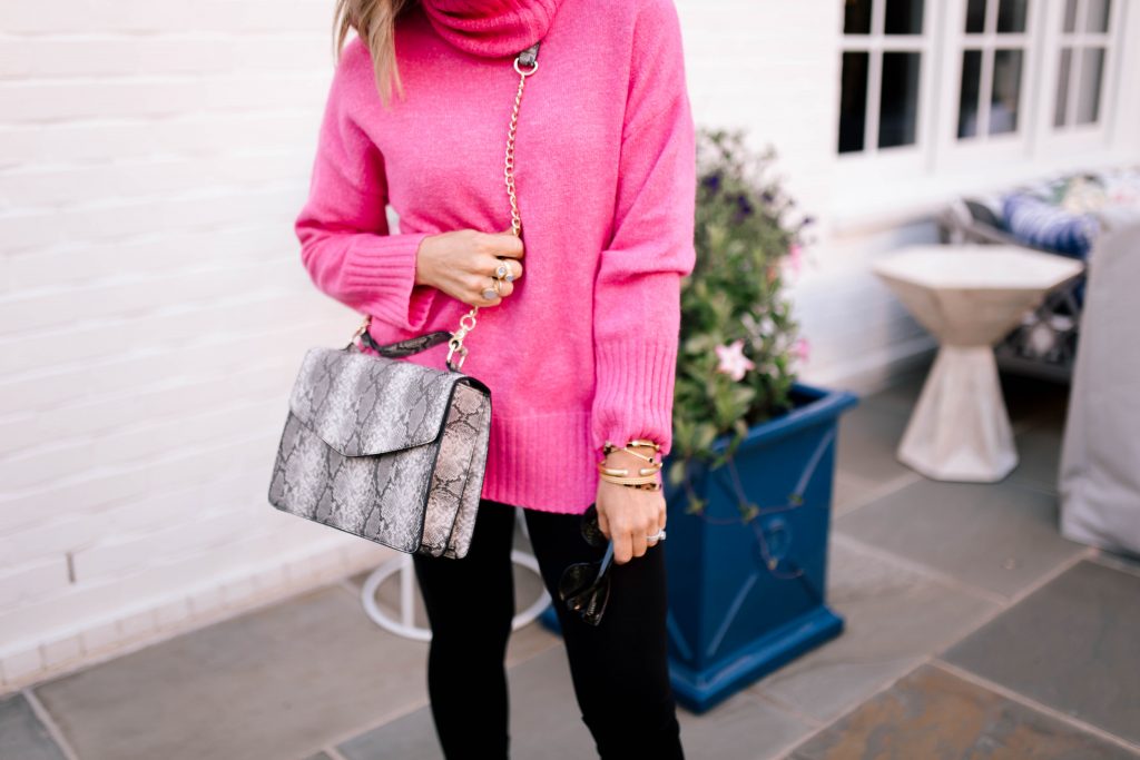 Scoop it Up... The Best in Walmart Sweaters! by popular Nashville fashion blog, Hello Happiness: image of a woman outside wearing a Walmart Scoop Slouchy Turtleneck Sweater, Walmart Spanx Women's Seamless Side Zip Leggings, Walmart Metallic Sky Top Handle Chain Crossbody, Walmart J Slides Aztec Bronze Metallic Leather Loafer Tassel Sneaker, and Walmart Quay Australia "It's My Way" Cat Eye Sunglasses.