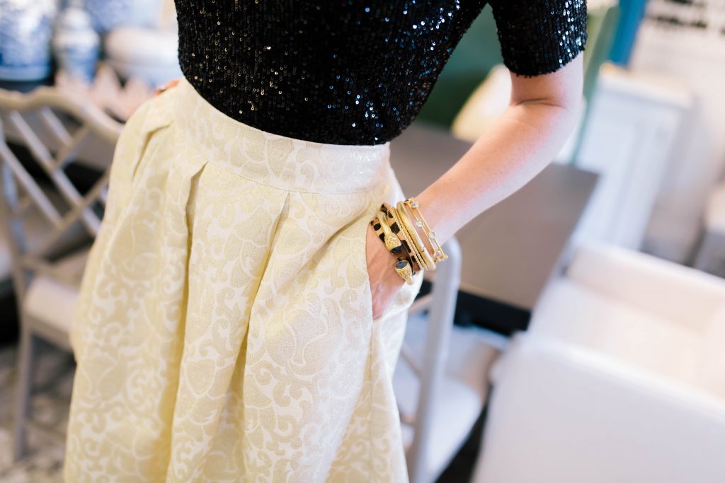 Gibson x Hi Sugarplum... The Holiday Collection by popular Nashville fashion blog, Hello Happiness: image of a woman wearing a Nordstrom Gibson x Hi Sugarplum! Holiday Lumiere Ballet Top and Nordstrom Gibson x Hi Sugarplum! Holiday Etoile Jacquard Skirt,