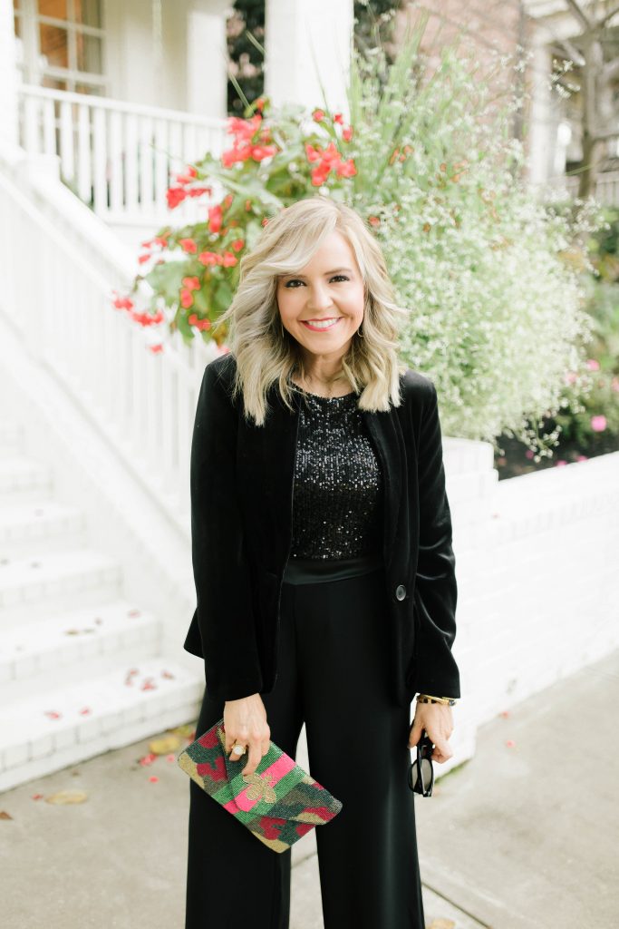 Gibson x Hi Sugarplum... The Holiday Collection by popular Nashville fashion blog, Hello Happiness: image of a woman wearing a Nordstrom Gibson x Hi Sugarplum! Holiday Mimi Velvet Blazer, Nordstrom Gibson x Hi Sugarplum! Holiday Lumiere Ballet Top, Nordstrom Gibson x Hi Sugarplum! Holiday Brigitte High Waist Wide Leg Pants, Vince Camuto MIKA PLATFORM SANDAL, Nordstrom Quay Australia It's My Way 55mm Sunglasses, Hearne Dry Goods Co. Square Fringe Earbob, Julie Vos Milano Bangle, Victoria Emerson wrap bracelet, Julie Vos Milano Bangle, and Julie Vos Cascade Trio Bangle.