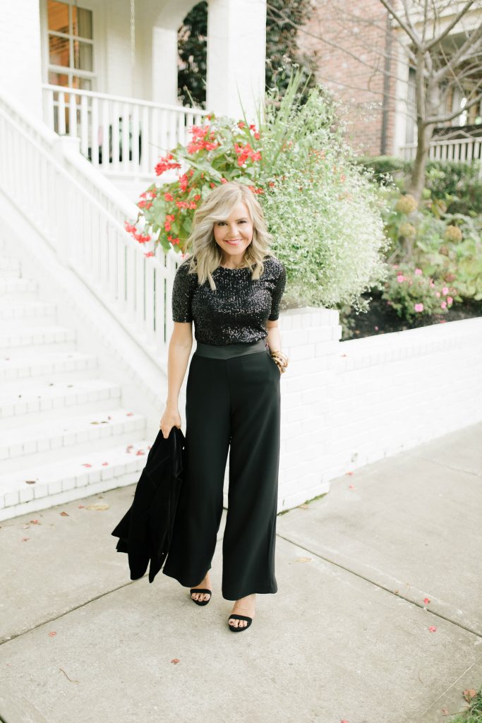 Gibson x Hi Sugarplum... The Holiday Collection by popular Nashville fashion blog, Hello Happiness: image of a woman wearing a Nordstrom Gibson x Hi Sugarplum! Holiday Mimi Velvet Blazer, Nordstrom Gibson x Hi Sugarplum! Holiday Lumiere Ballet Top, Nordstrom Gibson x Hi Sugarplum! Holiday Brigitte High Waist Wide Leg Pants, Vince Camuto MIKA PLATFORM SANDAL, Nordstrom Quay Australia It's My Way 55mm Sunglasses, Hearne Dry Goods Co. Square Fringe Earbob, Julie Vos Milano Bangle, Victoria Emerson wrap bracelet, Julie Vos Milano Bangle, and Julie Vos Cascade Trio Bangle.