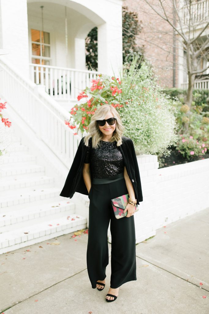 Gibson x Hi Sugarplum... The Holiday Collection by popular Nashville fashion blog, Hello Happiness: image of a woman wearing a Nordstrom Gibson x Hi Sugarplum! Holiday Mimi Velvet Blazer, Nordstrom Gibson x Hi Sugarplum! Holiday Lumiere Ballet Top, Nordstrom Gibson x Hi Sugarplum! Holiday Brigitte High Waist Wide Leg Pants, Vince Camuto MIKA PLATFORM SANDAL, Nordstrom Quay Australia It's My Way 55mm Sunglasses, Hearne Dry Goods Co. Square Fringe Earbob, Julie Vos Milano Bangle, Victoria Emerson wrap bracelet, Julie Vos Milano Bangle, and Julie Vos Cascade Trio Bangle.