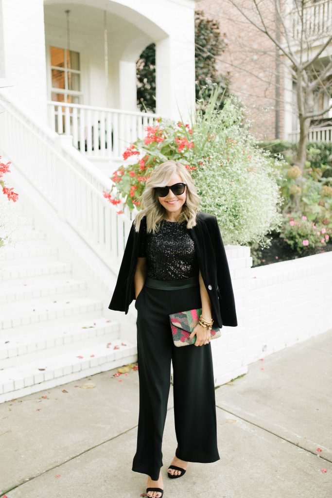 Gibson x Hi Sugarplum... The Holiday Collection by popular Nashville fashion blog, Hello Happiness: image of a woman wearing a Nordstrom Gibson x Hi Sugarplum! Holiday Mimi Velvet Blazer, Nordstrom Gibson x Hi Sugarplum! Holiday Lumiere Ballet Top, Nordstrom Gibson x Hi Sugarplum! Holiday Brigitte High Waist Wide Leg Pants, Vince Camuto MIKA PLATFORM SANDAL, Nordstrom Quay Australia It's My Way 55mm Sunglasses, Hearne Dry Goods Co. Square Fringe Earbob, Julie Vos Milano Bangle, Victoria Emerson wrap bracelet, Julie Vos Milano Bangle, and Julie Vos Cascade Trio Bangle.