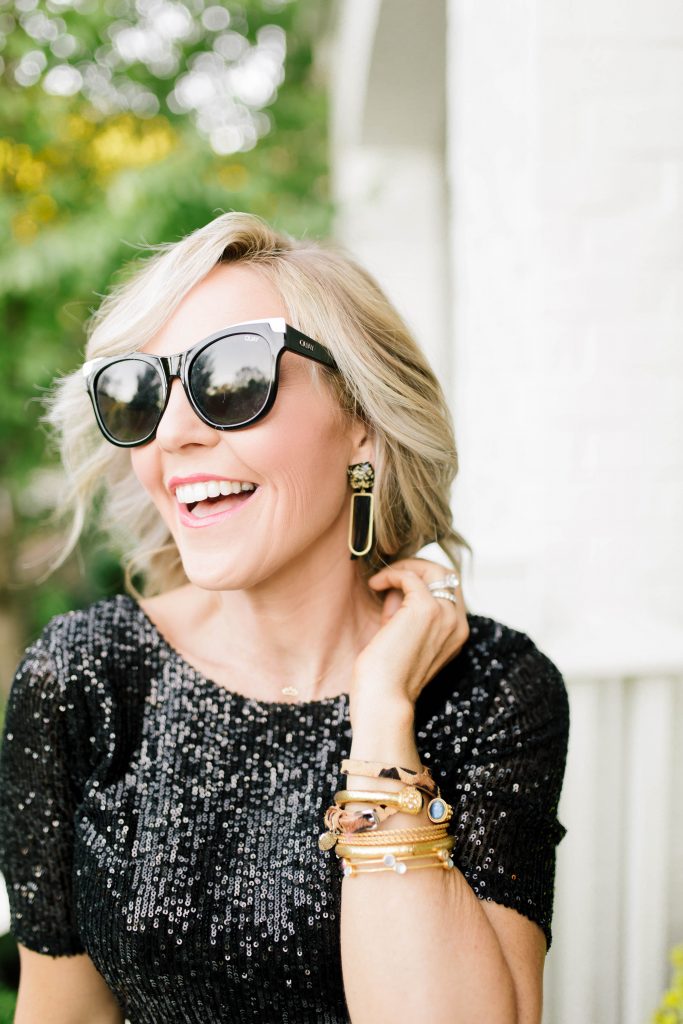 Gibson x Hi Sugarplum... The Holiday Collection by popular Nashville fashion blog, Hello Happiness: image of a woman wearing a Nordstrom Gibson x Hi Sugarplum! Holiday Mimi Velvet Blazer, Nordstrom Gibson x Hi Sugarplum! Holiday Lumiere Ballet Top, Nordstrom Gibson x Hi Sugarplum! Holiday Brigitte High Waist Wide Leg Pants, Vince Camuto MIKA PLATFORM SANDAL, Nordstrom Quay Australia It's My Way 55mm Sunglasses, Hearne Dry Goods Co. Square Fringe Earbob, Julie Vos Milano Bangle, Victoria Emerson wrap bracelet, Julie Vos Milano Bangle, and Julie Vos Cascade Trio Bangle.