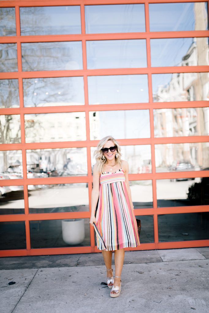 Cute Spring Dresses featured by top US fashion blog Hello! Happiness; Image of a woman wearing Social Threads Dress, Caged Basket Bag and Gold Wedges.