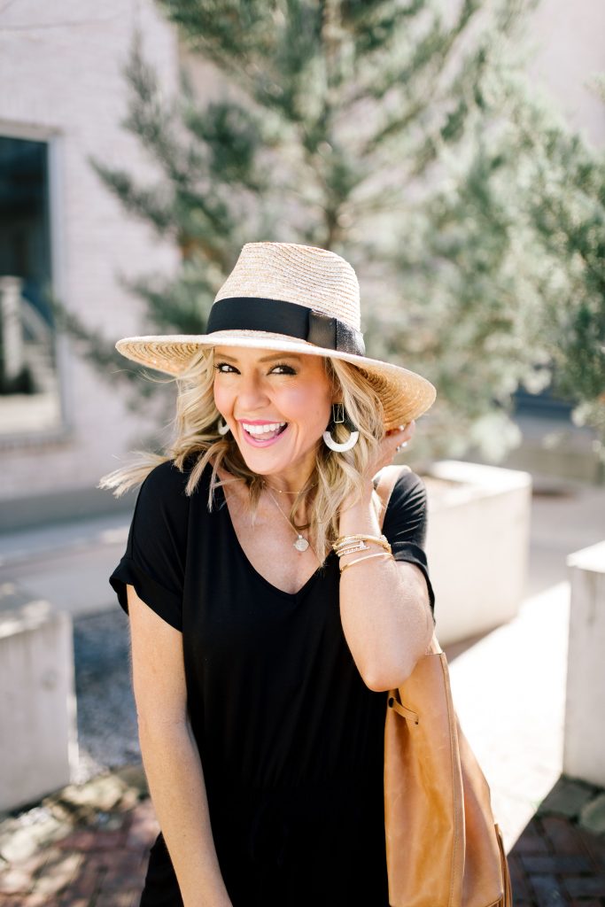 Little Black Romper featured by top US fashion blog Hello! Happiness; Image of a woman wearing a black romper from Z Supply and straw hat from Shopbop.