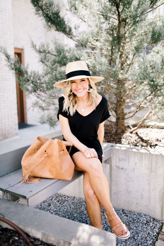 Little Black Romper featured by top US fashion blog Hello! Happiness; Image of a woman wearing a black romper from Z Supply and straw hat from Shopbop.