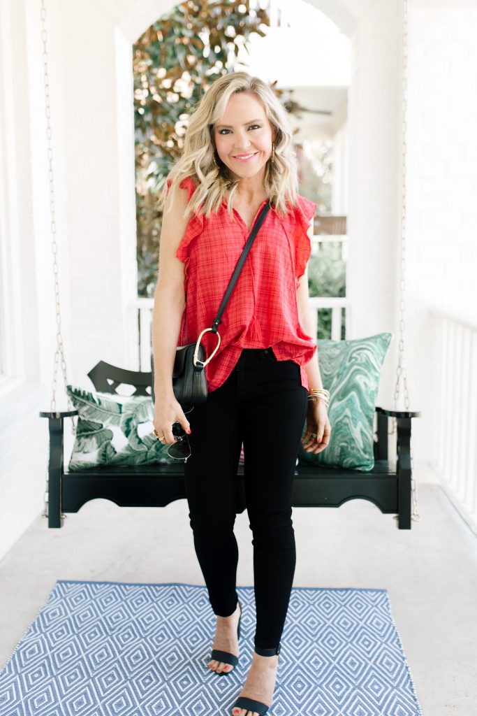 Liverpool Jeans featured by top US fashion blog Hello! Happiness; Image of a woman wearing a fun spring outfit from Liverpool Jeans.