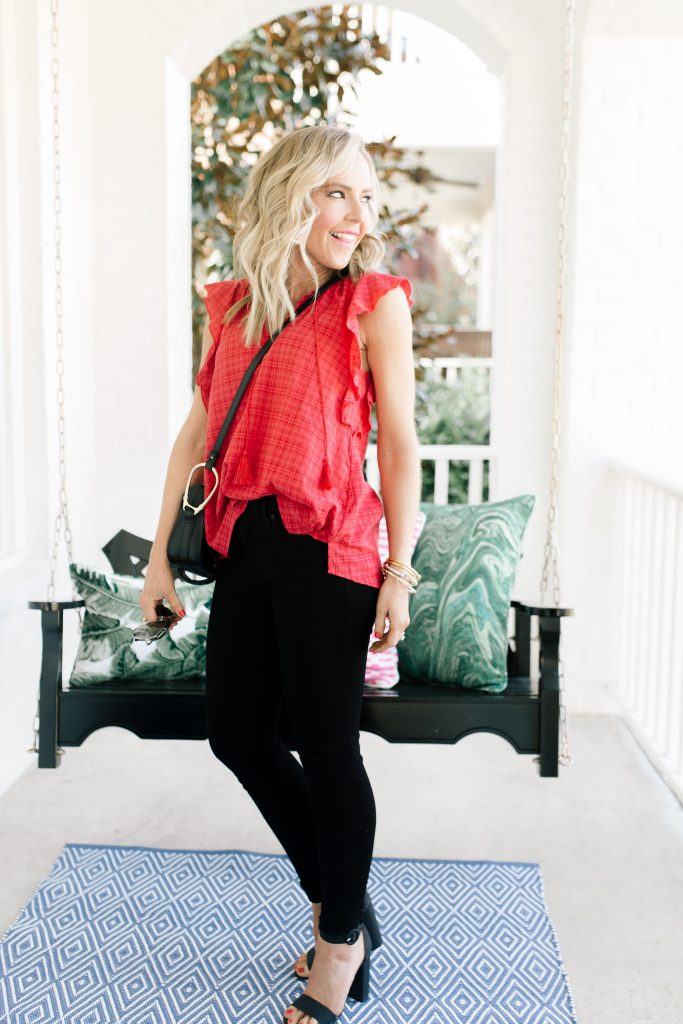 Liverpool Jeans featured by top US fashion blog Hello! Happiness; Image of a woman wearing a fun spring outfit from Liverpool Jeans.