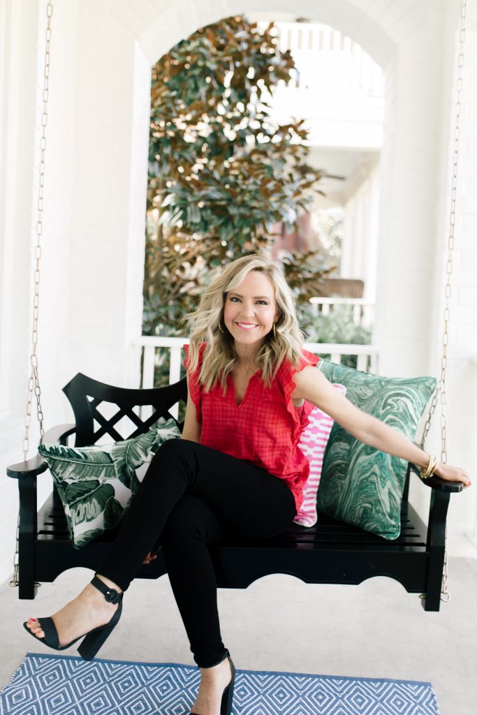 Liverpool Jeans featured by top US fashion blog Hello! Happiness; Image of a woman wearing a fun spring outfit from Liverpool Jeans.