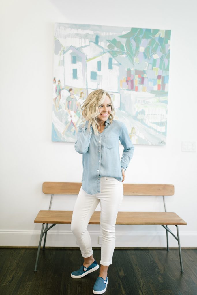 Walmart EV1 featured by top US fashion blog Hello! Happiness; Image of a woman wearing a button-up shirt, white skinny jeans and slip on shoes from Walmart.