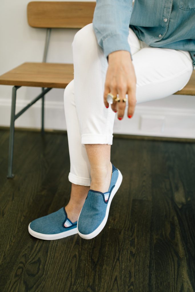 Walmart EV1 featured by top US fashion blog Hello! Happiness; Image of a woman wearing a button-up shirt, white skinny jeans and slip on shoes from Walmart.