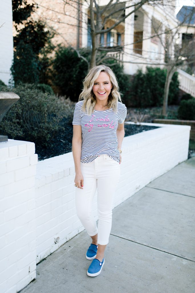 Walmart EV1 featured by top US fashion blog Hello! Happiness; Image of a woman wearing a striped shirt, white skinny jeans and slip on shoes from Walmart.