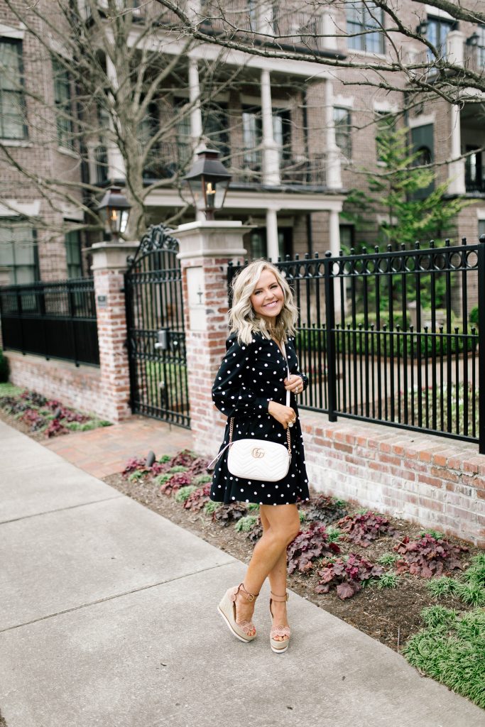 Life is Short... Buy the Bag! Designer Handbags with eBay Authenticate featured by top US fashion blog, Hello! Happiness; Image of woman wearing a black polka dot dress, Gucci Marmont purse and Chloe Eyelet wedges