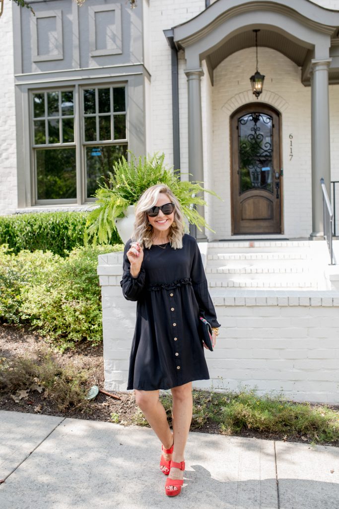 Cute Fall Shoes...Happiness Is Only a Pair of Shoes Away by popular Nashville fashion blog, Hello Happiness: image of a woman outside wearing a pair of Walmart CIRCUS BY SAM EDELMAN Women's Kaylor Platform Shoes, Walmart Arttop Women Button Down Tunic Solid Color Dress Party Little Black Dress Long Sleeve with Pockets, and Walmart Quay Australia "It's My Way" Cat Eye Sunglasses.