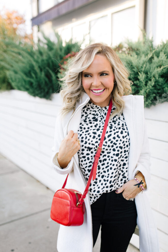 Women's Winter Coats by popular Nashville fashion blog, Hello Happiness: image of Natasha wearing a J. Crew Swingy mockneck coat. 