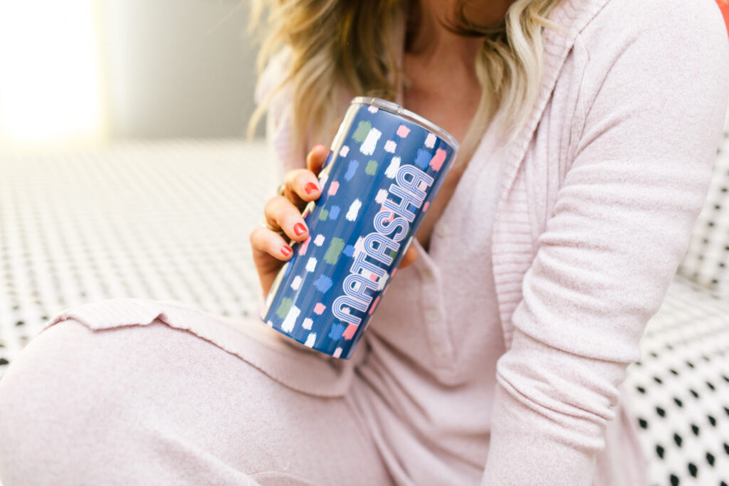 Clairebella Studio by popular Nashville life and style blog, Hello Happiness: image of Natasha Stoneking holding a Clairebella Studio and Hello Happiness personalized tumbler.