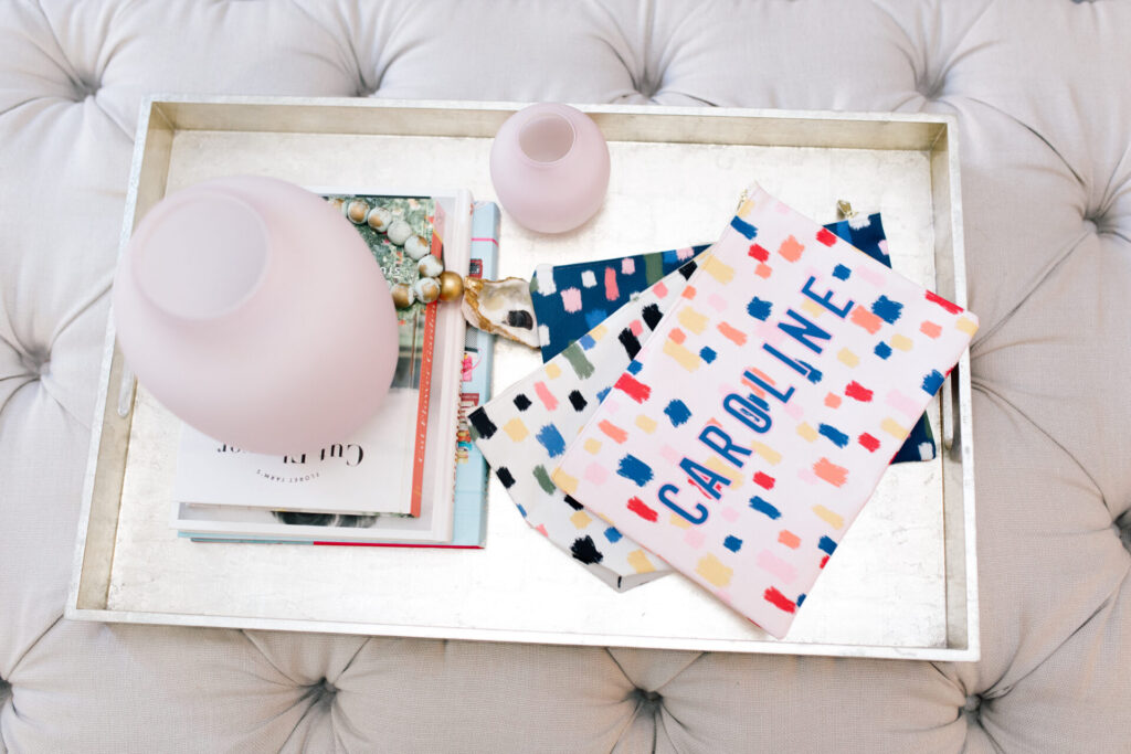 Clairebella Studio by popular Nashville life and style blog, Hello Happiness: image of Clairebella Studio and Hello Happiness personalized flat zippered bags. 