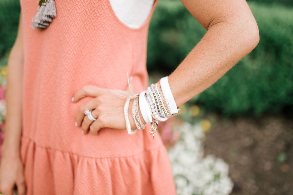 My Favorite Arm Candy...The BOGO Victoria Emerson Sale by popular Nashville fashion blog, Hello Happiness: image of a woman wearing a Victoria Emerson BARI stack bracelets and Victoria Emerson SILVER DORADO ON IVORY stack bracelets. 