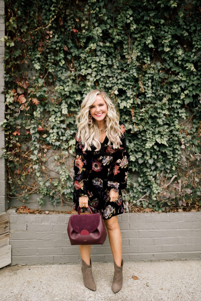 Cute Spring Dresses featured by top US fashion blog Hello! Happiness; Image of a woman wearing Francesca velvet dress, Vince Camuto booties, Polene satchel and Baublebar earrings.