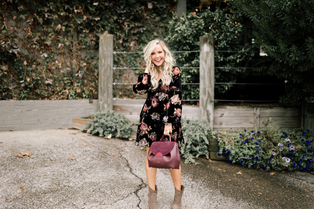 Cute Spring Dresses featured by top US fashion blog Hello! Happiness; Image of a woman wearing Francesca velvet dress, Vince Camuto booties, Polene satchel and Baublebar earrings.