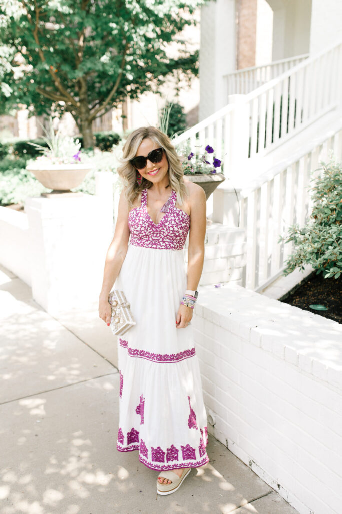 Maxi Dresses by popular Nashville fashion blog, Hello Happiness: image of Natasha Stoneking wearing a Anthropologie Manuela maxi dress, Allie + Bess stackable bracelets, Hat Attack Jewel Box clutch, and See by Chloe See by Chloe Glyn Platform Espadrilles.