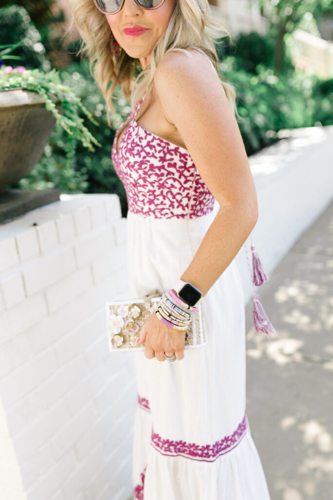 Maxi Dresses by popular Nashville fashion blog, Hello Happiness: image of Natasha Stoneking wearing a Anthropologie Manuela maxi dress, Allie + Bess stackable bracelets, Hat Attack Jewel Box clutch, and See by Chloe See by Chloe Glyn Platform Espadrilles.