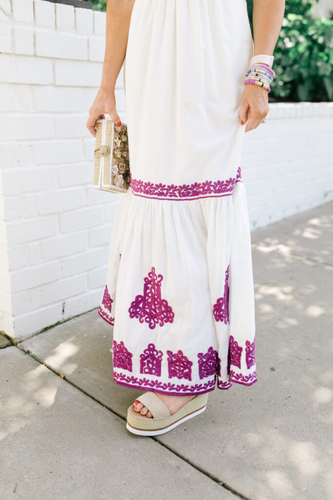 Maxi Dresses by popular Nashville fashion blog, Hello Happiness: image of Natasha Stoneking wearing a Anthropologie Manuela maxi dress, Allie + Bess stackable bracelets, Hat Attack Jewel Box clutch, and See by Chloe See by Chloe Glyn Platform Espadrilles.