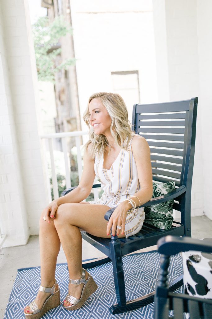 Two Favorite Spring Trends + We Dress America featured by top US fashion blog, Hello! Happiness; image of woman wearing a striped romper and wedge shoes from Walmart