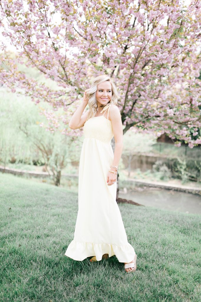 Two Favorite Spring Trends + We Dress America featured by top US fashion blog, Hello! Happiness; image of woman wearing a yellow maxi dress and wedge shoes from Walmart