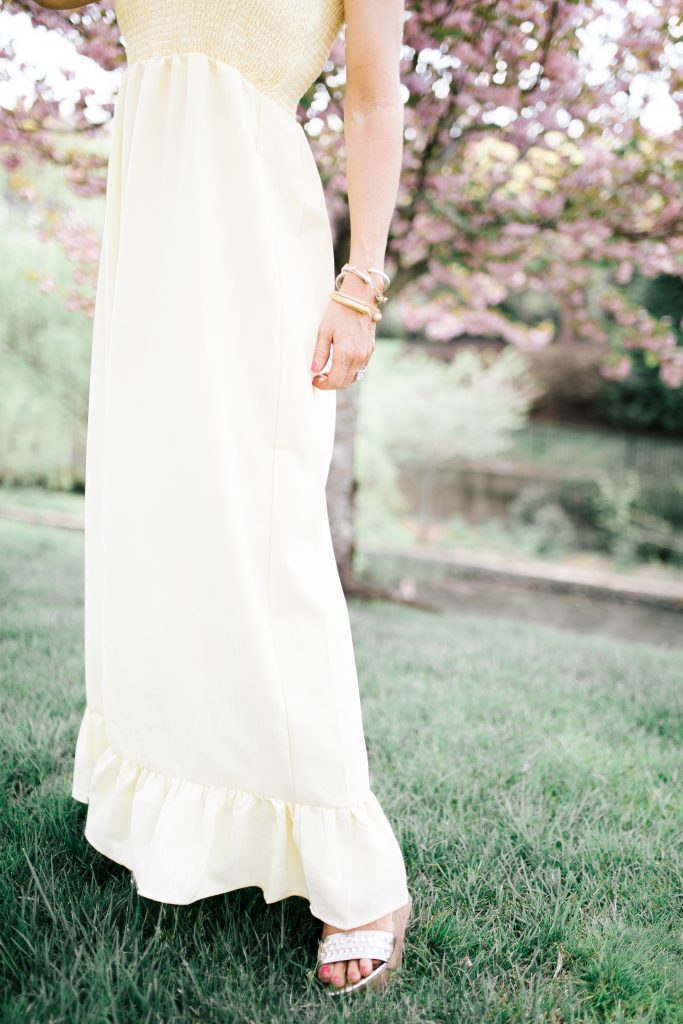 Two Favorite Spring Trends + We Dress America featured by top US fashion blog, Hello! Happiness; image of woman wearing a yellow maxi dress and wedge shoes from Walmart