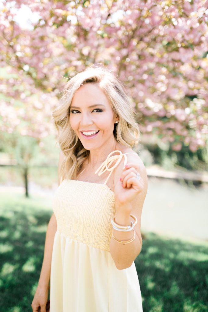Two Favorite Spring Trends + We Dress America featured by top US fashion blog, Hello! Happiness; image of woman wearing a yellow maxi dress and wedge shoes from Walmart