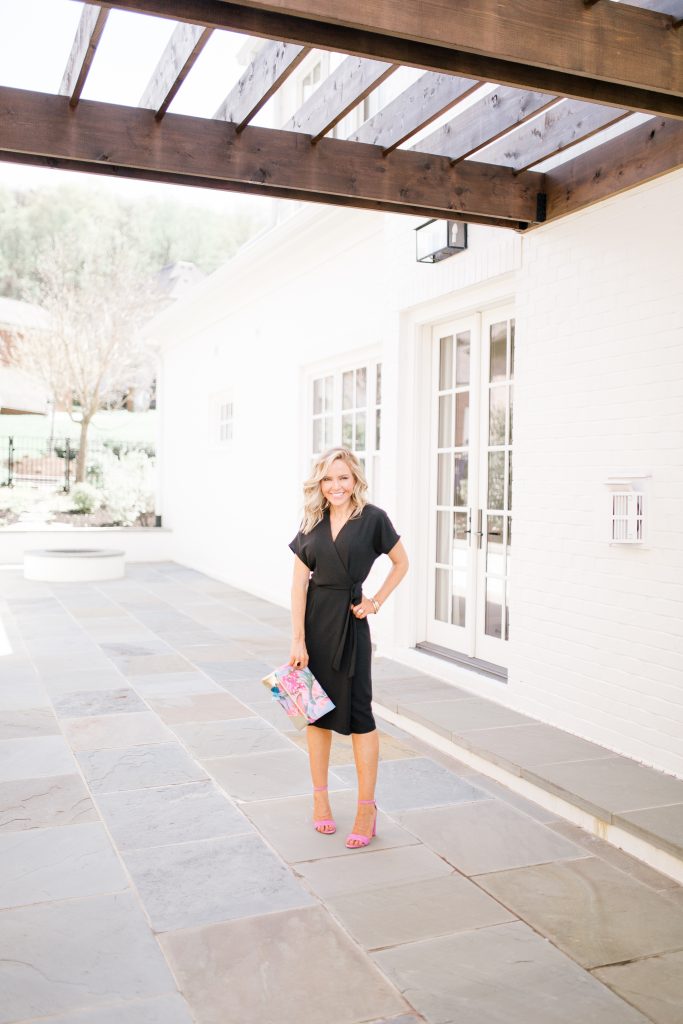 Black Midi Dress featured by top US fashion blog Hello! Happiness; Image of a woman wearing Charles Henry black dress, Sam Edelman pink heels and Laura Dro clutch.
