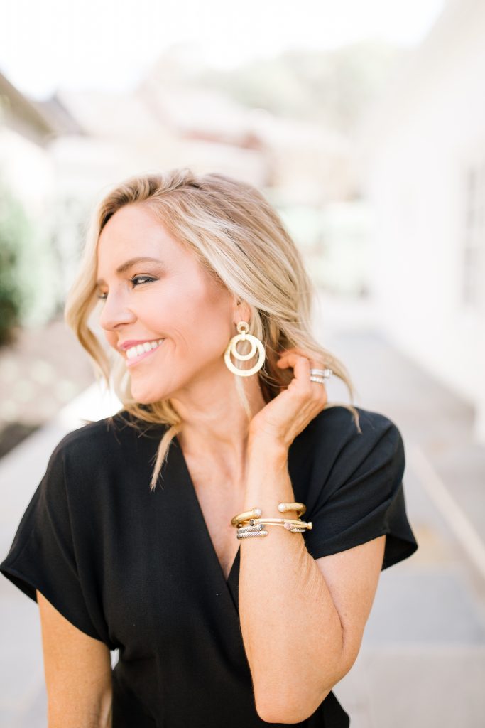 Black Midi Dress featured by top US fashion blog Hello! Happiness; Image of a woman wearing Charles Henry black dress, Sam Edelman pink heels and Laura Dro clutch.