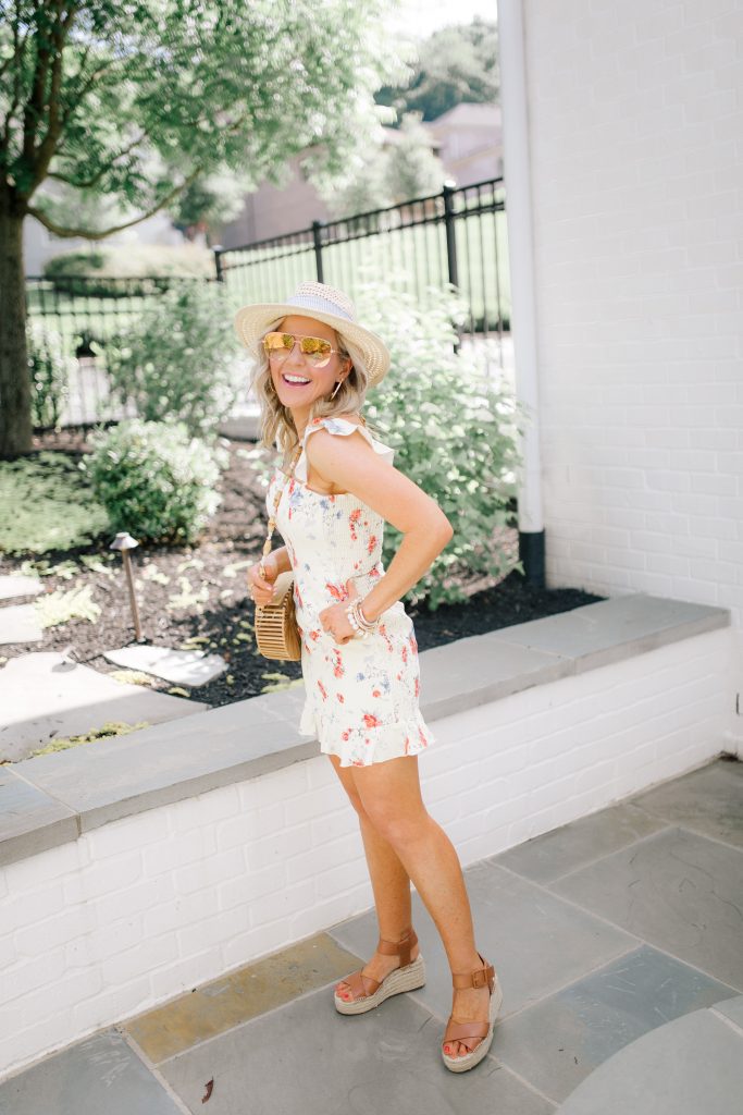 Festival Outfit Ideas featured by top US fashion blog Hello! Happiness; Image of a woman wearing WAYF mini dress, Sole Society wedges, Nordstrom sunglasses and Amazon bag.