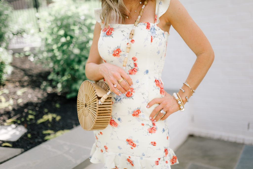 Festival Outfit Ideas featured by top US fashion blog Hello! Happiness; Image of a woman wearing WAYF mini dress, Sole Society wedges, Nordstrom sunglasses and Amazon bag.