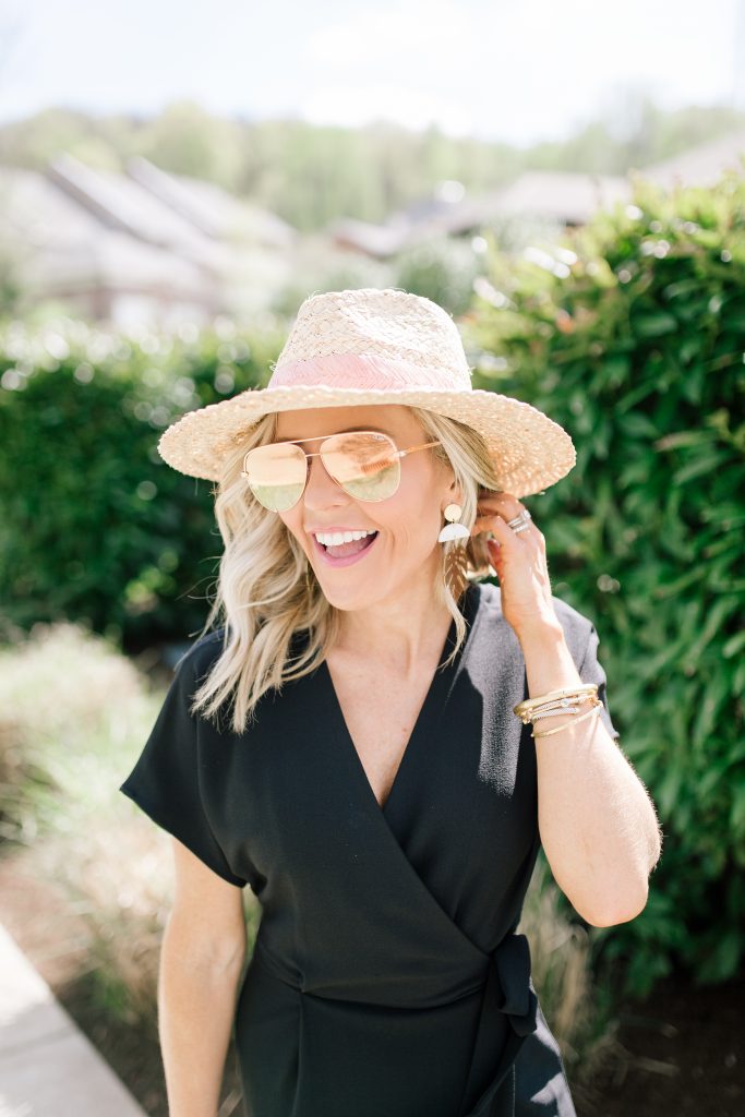 Black Midi Dress featured by top US fashion blog Hello! Happiness; Image of a woman wearing Charles Henry black dress, Hat Attack hat, Hat Attack sequin straw bag and Sam Edelman sandals.
