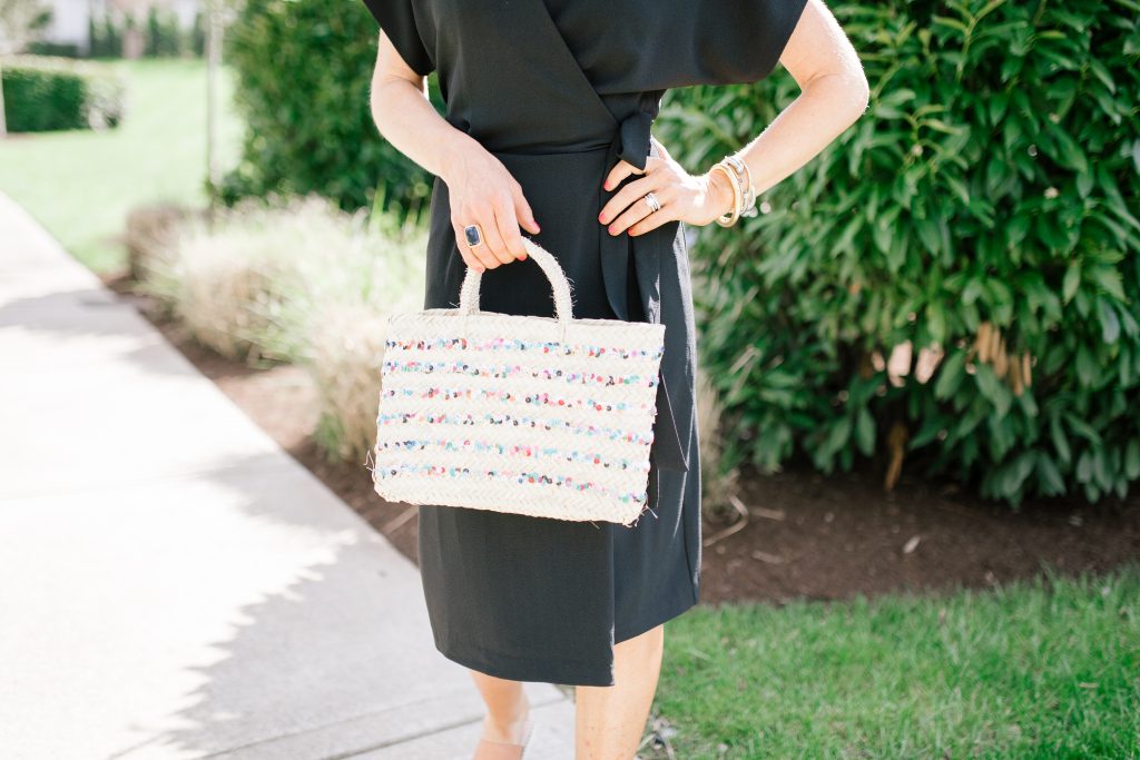 Black Midi Dress featured by top US fashion blog Hello! Happiness; Image of a woman wearing Charles Henry black dress, Hat Attack hat, Hat Attack sequin straw bag and Sam Edelman sandals.