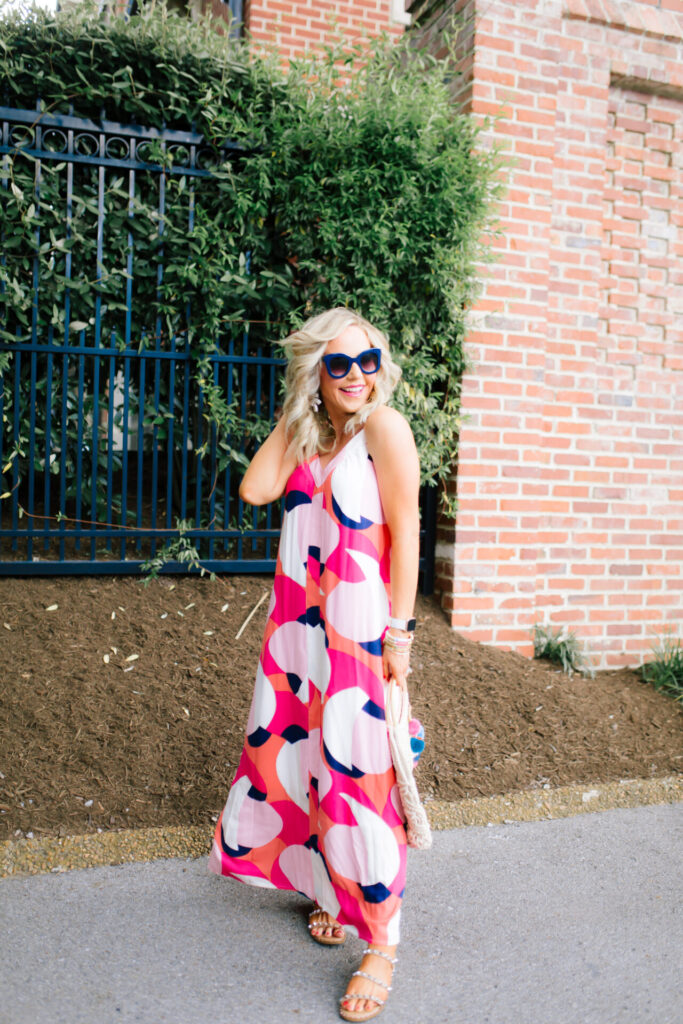 Gibson x Hi Sugarplum by popular Nashville fashion blog, Hello Happiness: image of a woman wearing a gibson x Hi Sugarplum Cabana Strappy maxi. 