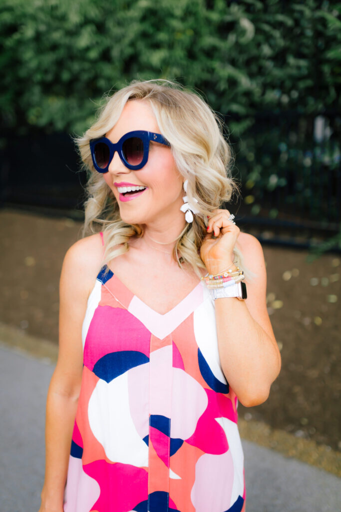 Gibson x Hi Sugarplum by popular Nashville fashion blog, Hello Happiness: image of a woman wearing a gibson x Hi Sugarplum Cabana Strappy maxi. 
