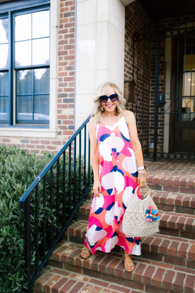 Gibson x Hi Sugarplum by popular Nashville fashion blog, Hello Happiness: image of a woman wearing a gibson x Hi Sugarplum Cabana Strappy maxi. 