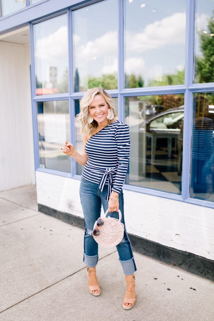 We Dress America featured by top US fashion blog Hello! Happiness; Image of a woman wearing a Walmart off the shoulder top, Walmart jeans, Walmart wedges and Walmart purse.