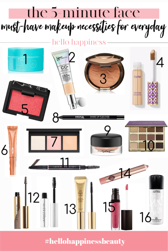 5 Minute Makeup Tutorial by popular Nashville beauty blog, Hello Happiness: collage image of Tula Brighten Up Smoothing Gel, iT Cosmetics CC Cream, Becca Sunlit Bronzer,  Tarte Shape Tape Concealer, NARS Orgasm Blush, Charlotte Tilbury Glowgasm Beauty Wand Highlighter, MAC Hyper Real Glow Palette, MakeUpForEver Waterproof XL Eyeliner, MAC Paint Pots, Tartelette Eyeshadow Palette, Anastasia Brow Definer in Blonde, Anastasia Beverly Hills Dip Brow Gel, Mile High Club Mascara,  Charlotte Tilbury Pillow Talk Lipliner, Laura Mercier Lip Glace Gloss [Color Tulip], and MAC Prime + Prime Fix + Finishing Mist.